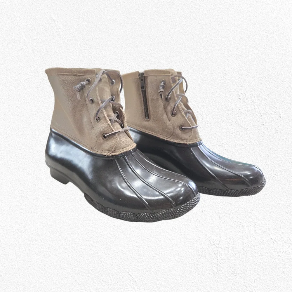 Sperry Beige Suede Brown Waterproof Rain Lace Up Zip Ankle Duck Boots Size 10